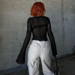 Gothic Crop Top mit Bindeband vorne und langen Ärmeln