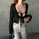 Gothic Tie Front Sheer Long Sleeve Crop Top