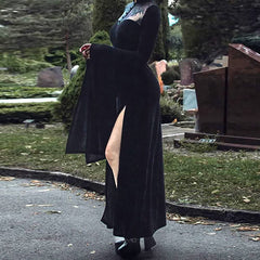 Vestido largo gótico de vampiro con mangas acampanadas y abertura