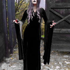 Vestido largo gótico de vampiro con mangas acampanadas y abertura