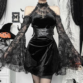 Gothic Velvet Lace Halter Long Sleeve Mini Dress
