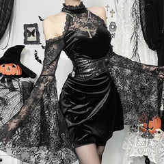 Gothic Velvet Lace Halter Long Sleeve Mini Dress