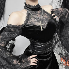 Gothic Velvet Lace Halter Long Sleeve Mini Dress