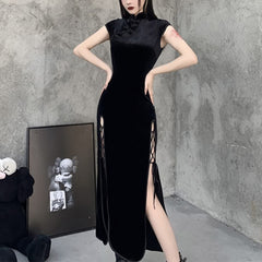 Gothic Velvet Slit Cheongsam Dress