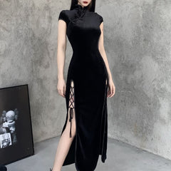 Gothic Velvet Slit Cheongsam Dress
