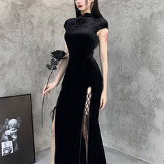 Gothic Velvet Slit Cheongsam Dress
