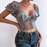 Gray Floral Embroidery Mesh Puff Sleeve Crop Top