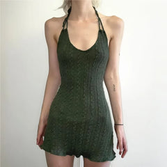 Vestido corto de punto con cuello halter y estampado grunge de hadas verdes