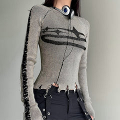 Grunge Style Distressed Long Sleeve Top