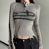 Grunge Style Distressed Long Sleeve Top
