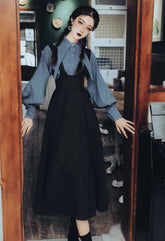 2-teiliges Witchy Academia Kleiderset mit spitzem Kragen