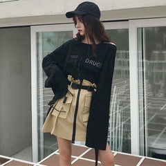 CONJUNTO DE 2 PIEZAS CAMISETA DE MANGA LARGA SIN ESPALDA + FALDA DE CINTURA ALTA