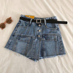 Jeansrock im 90er-Jahre-Stil mit Fake-Taschen und hoher Taille und versteckten Shorts