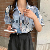 Camisa holgada informal con estampado azul estético de arte abstracto