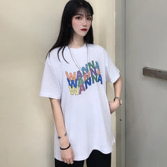 Wanna Colorful Letter Print Art Hoe White T-Shirt