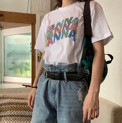 Wanna Colorful Letter Print Art Hoe White T-Shirt