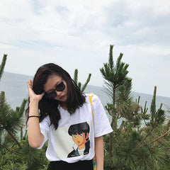 Camiseta blanca holgada con estampado de meme de chico anime para adolescentes