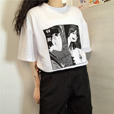 CAMISETA GRANDE GRIS BLANCA CON ESTAMPADO DE LETRAS DE ANIME COMIX