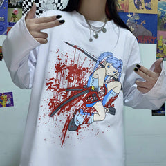 Camisa blanca y negra holgada con estampado estético de chica anime