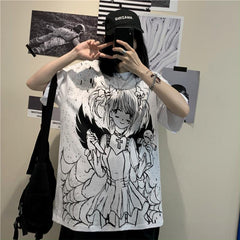 CAMISETA GRANDE EN BLANCO Y NEGRO CON ESTAMPADO DE CHICA ANIME