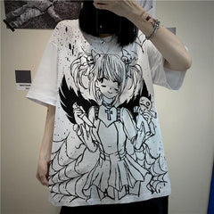 CAMISETA GRANDE EN BLANCO Y NEGRO CON ESTAMPADO DE CHICA ANIME