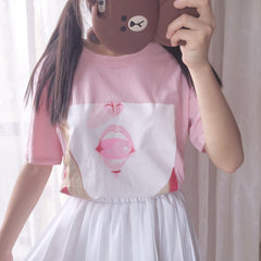 Camiseta de algodón rosa con labios de anime