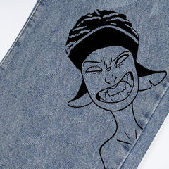 JEANS DE DENIM LAVADOS DE CINTURA ALTA CON ESTAMPADO DE ANIME