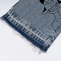 JEANS DE DENIM LAVADOS DE CINTURA ALTA CON ESTAMPADO DE ANIME