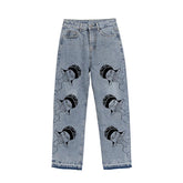 JEANS DE DENIM LAVADOS DE CINTURA ALTA CON ESTAMPADO DE ANIME