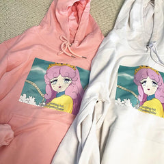 Sudadera holgada blanca y rosa con capucha y meme de captura de pantalla de anime