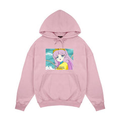 Sudadera holgada blanca y rosa con capucha y meme de captura de pantalla de anime