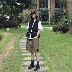 Chaleco cargo de estética coreana, color verde militar y negro