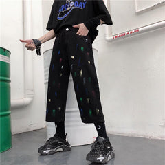 Pantalones vaqueros holgados y recortados con estampado de trazos de pintura Art Hoe