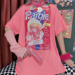 Camiseta rosa extragrande con estampado de Barbie y estética pastel