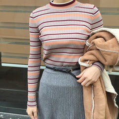 Basic Colors Stripes Lines Knit Slim Long Sleeve Shirt