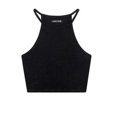 Top básico de algodón negro sin mangas con rayas y cuello halter