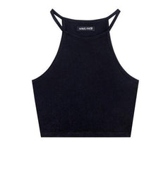 Top básico de algodón negro sin mangas con rayas y cuello halter