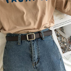 Cinturón fino de cuero unisex con hebilla metálica cuadrada básica