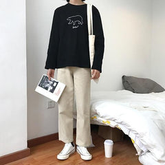 Camiseta de manga larga de algodón blanco y negro con estampado de letras en forma de oso