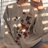 Sudadera holgada con estampado de mariposas estéticas otoñales en beige