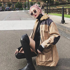 Abrigo con capucha, cuello de leopardo beige, coderas y cintura elástica