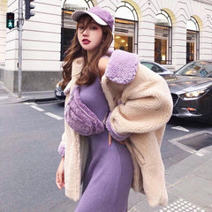 Biege Lilac Collar Warm Plush Outwear Jacket