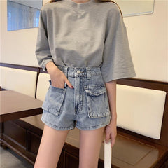 Shorts vaqueros azules y negros lavados con bolsillos retro grandes