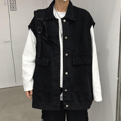 Chaqueta vaquera extragrande sin mangas negra y azul