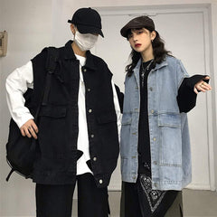 Chaqueta vaquera extragrande sin mangas negra y azul