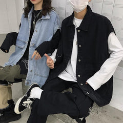 Chaqueta vaquera extragrande sin mangas negra y azul