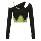 Top corto irregular ajustado de dos piezas negro y verde