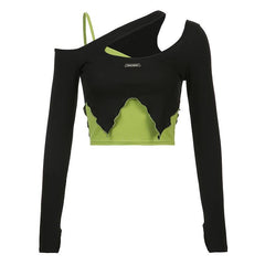 Top corto irregular ajustado de dos piezas negro y verde