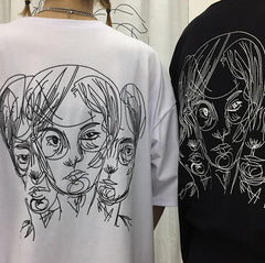 Camiseta extragrande con estampado de cabeza de dibujos animados en blanco y negro