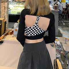 Top de tubo de dos piezas a cuadros de manga larga en blanco y negro